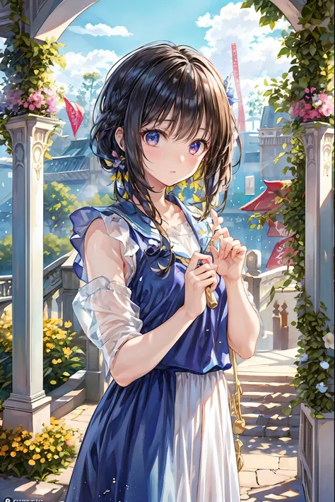 Girl、My hair flutters in a strong wind，Strong winds，Leaves fluttering，Illuminated by a Mysterious Summon、Moment where ordinary everyday life completely changes，High Quality 4K Realistic Depiction，Becomes the central character of the story due to special ev...