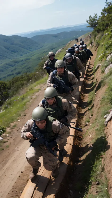 high-definition images、Navy Seals training、丸太を肩に担いで走る、Fully equipped Navy Seals run up a slope carrying a single log in a group of 4、Other Marines cheering