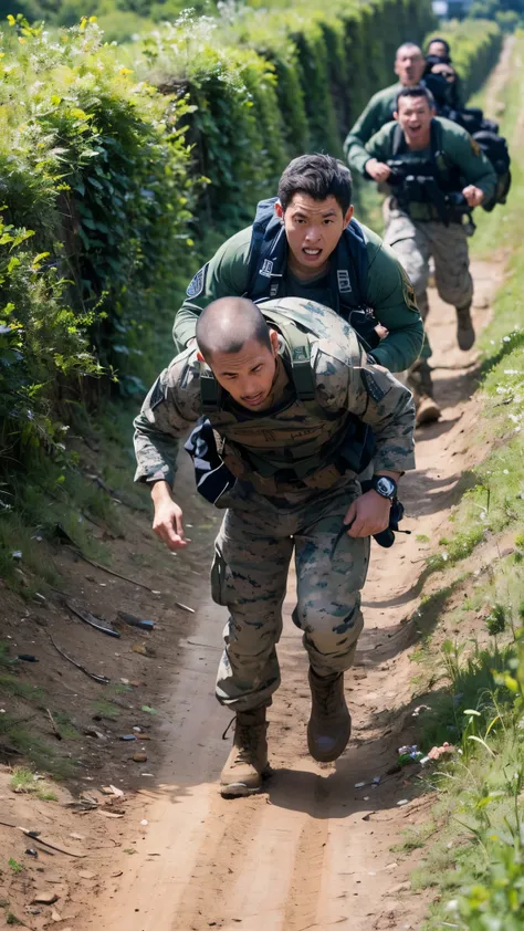 high-definition images、Navy Seals training、丸太を肩に担いで走る、Fully equipped Navy Seals run up a slope carrying a single log in a group of 4、Other Marines cheering