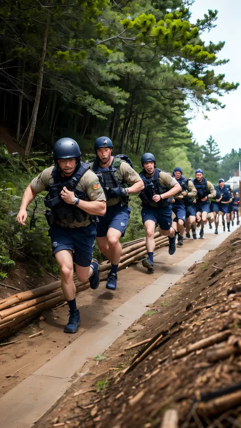 high-definition images、Navy Seals training、丸太を肩に担いで走る、Fully equipped Navy Seals run up a slope carrying a single log in a group of 4、Other Marines cheering