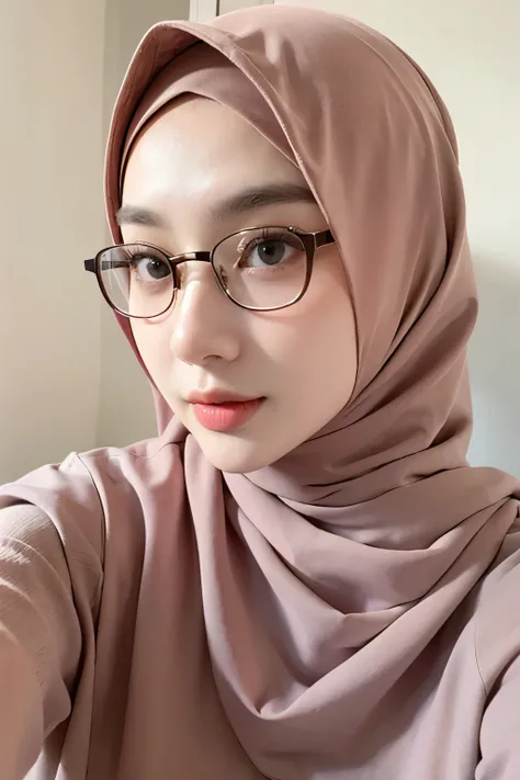 30 year old Malay woman, fair skin, beautiful face, sharp nose, wearing large round metal glasses, soft natural makeup, blushing cheeks, light cream hijab fully covering hair and neck, wearing casual home dress, posing for a selfie in her bedroom, low ligh...