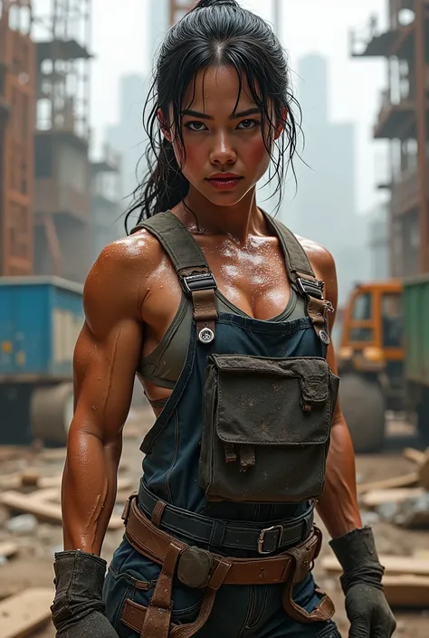 construction site、Japanese woman with a well-trained body、Work Clothes、Sweat running all over her body