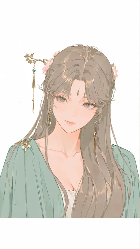 A digitally illustrated portrait shows a female figure with a, loose hair in muted shades of brown and touches of pink. head Her hair is decorated with delicate pink flowers and small green leaves, that imparts a natural and whimsical aesthetic. A hairpin ...