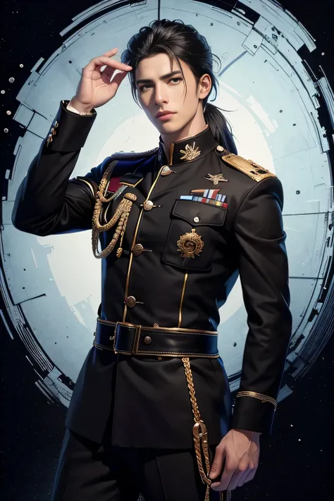 ((1 male)), 25 years old, (masterpiece, top-quality, Detailed and complex, official art, aesthetically pleasing:1.3), (1 blackhaired male in:1.3), (realistic art:1.3), ((wearing military black outfit, black shirt)), curly black hair, ((low ponytail)), He i...
