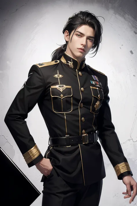 ((1 male)), 25 years old, (masterpiece, top-quality, Detailed and complex, official art, aesthetically pleasing:1.3), (1 blackhaired male in:1.3), (realistic art:1.3), ((wearing military black outfit, black shirt)), curly black hair, ((low ponytail)), He i...