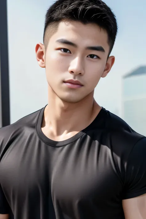 18-year-old male、Japanese、handsome guys、Macho、athletes、plain black clothes、Shaved head
