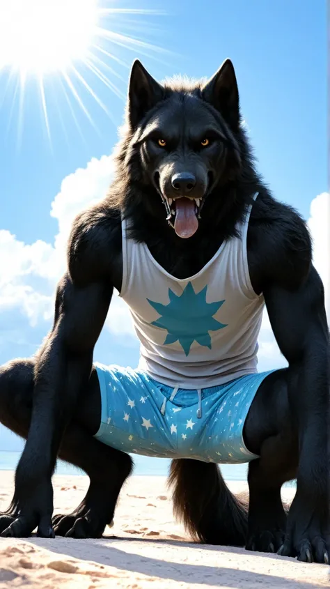 Male black werewolf  anthropomorphic, furry, anthropomorphic , squatting, while squatting,  looking at the spectator, sleeveless white lycra t-shirt with star print,  light blue lycra shorts,  clawed hands, clawed feet,  in front, viewer view, hairy,    bl...