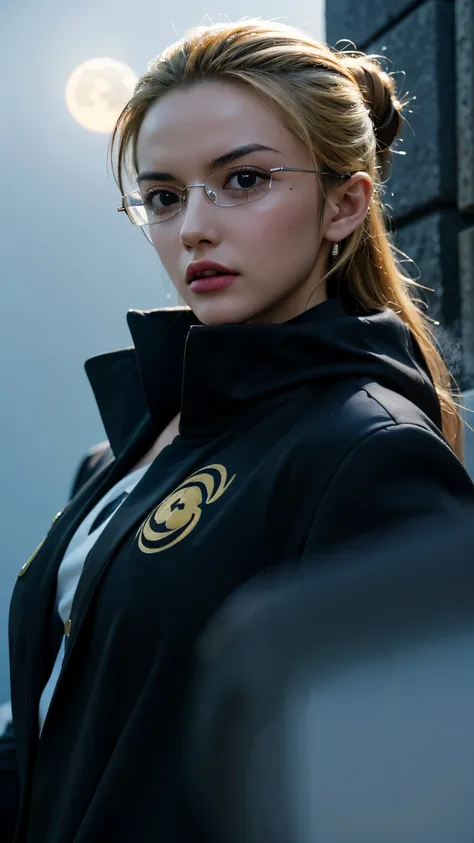 Ultra-realistic portrait of Kalifa from One Piece reimagined as a CP0 assassin, full body, hyper-detailed. She wears an elegant but intimidating CP0 uniform: a tight, black and white tailored suit with a long flowing coat, golden embroidery on the edges, a...