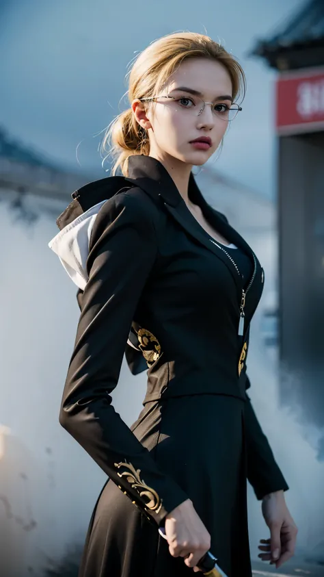 Ultra-realistic portrait of Kalifa from One Piece reimagined as a CP0 assassin, full body, hyper-detailed. She wears an elegant but intimidating CP0 uniform: a tight, black and white tailored suit with a long flowing coat, golden embroidery on the edges, a...