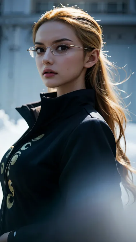 Ultra-realistic portrait of Kalifa from One Piece reimagined as a CP0 assassin, full body, hyper-detailed. She wears an elegant but intimidating CP0 uniform: a tight, black and white tailored suit with a long flowing coat, golden embroidery on the edges, a...