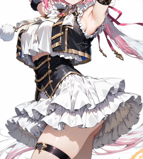 nijiyuikacos,white shirt,frilled shirt,shirt overhang,sleeveless,black vest,crop top vest,open vest,aiguillette,gold trim,((large white bow tie)),((long white bow tie)), pink brooch,single armband,black armband,white skirt,frilled skirt,layered skirt,black...