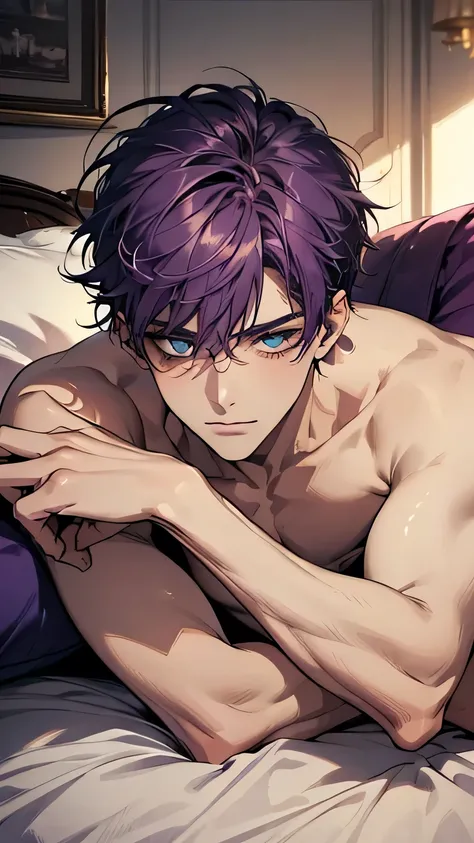 masterpiece, best quality, extremely detailed face and eyes, delicate features, 1boy, male focus, solo, late 20s age, bright blue eyes, short messy deep purple hair, sexy man, handsome, upper body exposed, lying on bed, soft sheets, relaxed pose, softly up...