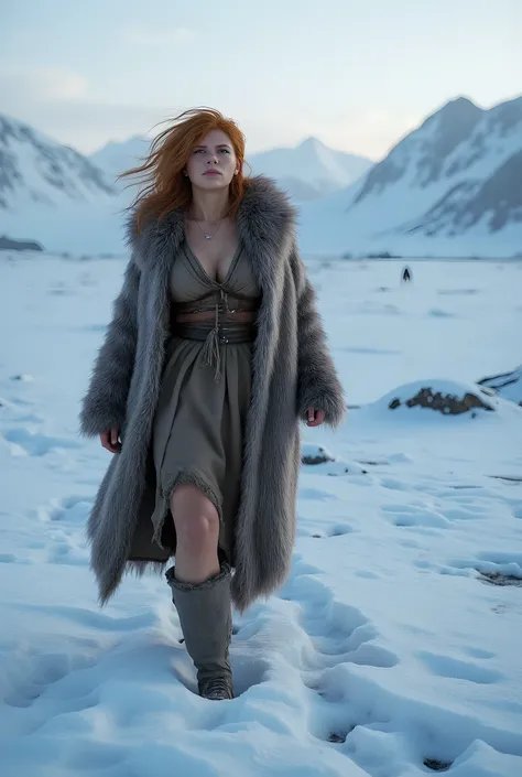 Ancient Ice age era, 

((Realistic cinematography wide intricately angle of aether dry snow nature antarctic on the landscape background)),snowy,((a beauty female Neanderthals)),wearing fully long fur fabric tunic and coat,she is walking on the scenery lan...