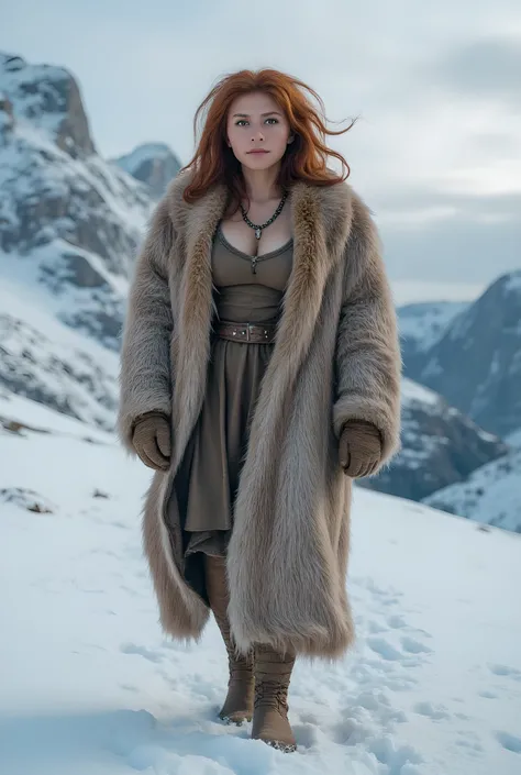 Ancient Ice age era, 

((Realistic cinematography ultra wide intricately angle of aether dry snow nature antarctic on the landscape background)),snowy,((a beauty female Neanderthals)),wearing fully long fur fabric tunic dress and coat,she is walking on the...