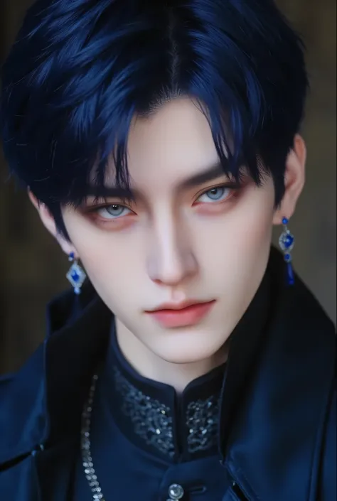 Very Big Blue Eyes((Very big blue eyes are impressive))hanging eye（Shiny straight short dark blue hair）A clean nose with a high bridge、Smooth, pale skin with beautiful transparency、He has smooth, beautiful skin on his thin chin、Gorgeous Blue Sapphire Neckl...