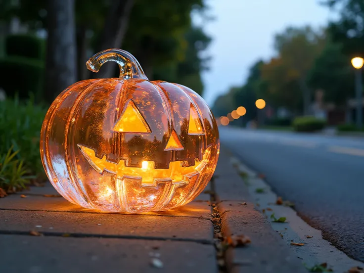 (best quality,masterpiece,high quality,highres,ultra detailed,photo realistic style:1.3),jack o lantern made of crystal,On the side of the road,Transparent,wide shot,long shot,street side,side walk