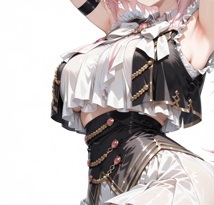 nijiyuikacos,white shirt,frilled shirt,shirt overhang,sleeveless,black vest,crop top vest,open vest,aiguillette,gold trim,((large white bow tie)),((long white bow tie)), pink brooch,nijiyuikacos,white shirt,frilled shirt,shirt overhang,sleeveless,black ves...