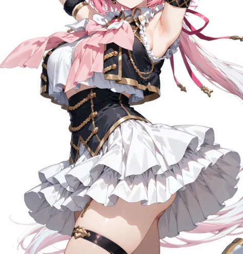 nijiyuikacos,white shirt,frilled shirt,shirt overhang,sleeveless,black vest,crop top vest,open vest,aiguillette,gold trim,((large white bow tie)),((long white bow tie)), pink brooch,single armband,black armband,white skirt,layered skirt,black thigh strap,f...