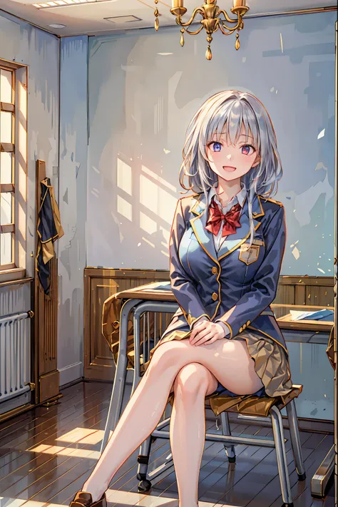 「(masterpiece), (Highest Quality), (Highly Detailed CG Unity 8K Wallpaper), girl old man, Ultimate Beautiful Girl, Student Council President，School student council room，Huge room，chandelier，chandelier，sitting on large chairs，Legs Crossed，Laugh Out Laughing...