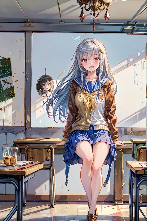 「(masterpiece), (Highest Quality), (highly detailed CG Unity 8K wallpaper), girl old man, Ultimate Beautiful Girl, Student Council President，School student council room，Huge room，chandelier，chandelier，sitting on large chairs，Legs Crossed，Laugh so loud，6 st...