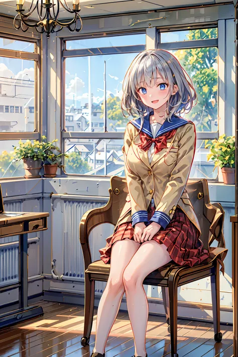 「(masterpiece), (Highest Quality), (Highly Detailed CG Unity 8K Wallpaper), girl old man, Ultimate Beautiful Girl, Student Council President，School student council room，Huge room，chandelier，chandelier，sitting on large chairs，Legs Crossed，Laugh so loud，6 st...