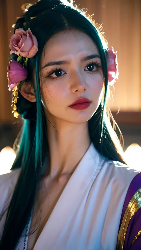 Realistic and ultra-detailed portrait of Komurasaki Hiyori from One Piece, depicted as if she exists in the real world. She has long, silky, flowing turquoise hair with a natural shine, styled gracefully with traditional Japanese elegance. Her eyes are lar...