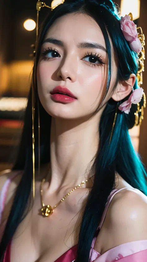Realistic and ultra-detailed portrait of Komurasaki Hiyori from One Piece, depicted as if she exists in the real world. She has long, silky, flowing turquoise hair with a natural shine, styled gracefully with traditional Japanese elegance. Her eyes are lar...