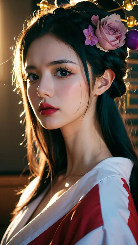 Realistic and ultra-detailed portrait of Komurasaki Hiyori from One Piece, depicted as if she exists in the real world. She has long, silky, flowing turquoise hair with a natural shine, styled gracefully with traditional Japanese elegance. Her eyes are lar...