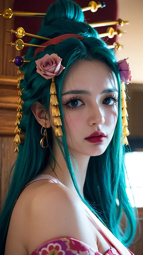 Realistic and ultra-detailed portrait of Komurasaki Hiyori from One Piece, depicted as if she exists in the real world. She has long, silky, flowing turquoise hair with a natural shine, styled gracefully with traditional Japanese elegance. Her eyes are lar...