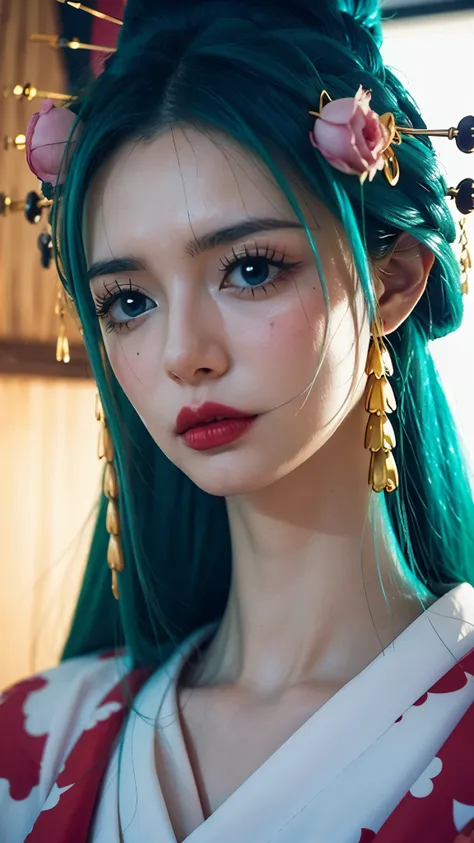 Realistic and ultra-detailed portrait of Komurasaki Hiyori from One Piece, depicted as if she exists in the real world. She has long, silky, flowing turquoise hair with a natural shine, styled gracefully with traditional Japanese elegance. Her eyes are lar...