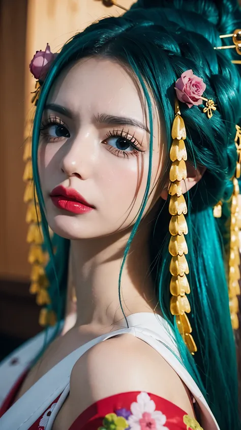 Realistic and ultra-detailed portrait of Komurasaki Hiyori from One Piece, depicted as if she exists in the real world. She has long, silky, flowing turquoise hair with a natural shine, styled gracefully with traditional Japanese elegance. Her eyes are lar...