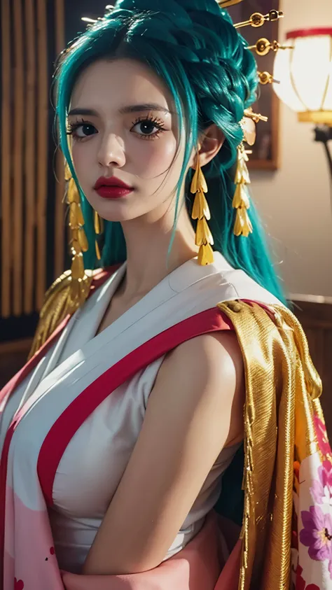 Realistic and ultra-detailed portrait of Komurasaki Hiyori from One Piece, depicted as if she exists in the real world. She has long, silky, flowing turquoise hair with a natural shine, styled gracefully with traditional Japanese elegance. Her eyes are lar...