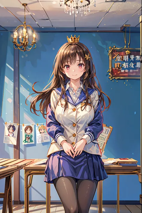 「(masterpiece), (Highest Quality), (Highly Detailed CG Unity 8K Wallpaper), girl old man, Ultimate Beautiful Girl, Student Council President，School student council room，Huge room，Queen-like，reign，Crown Like Hair Ornament，，(chandelier)，chandelier，sitting on...