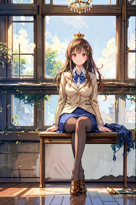 「(masterpiece), (Highest Quality), (Highly Detailed CG Unity 8K Wallpaper), girl old man, Ultimate Beautiful Girl, Student Council President，School student council room，Huge room，Queen-like，reign，Crown Like Hair Ornament，，(chandelier)，chandelier，sitting on...