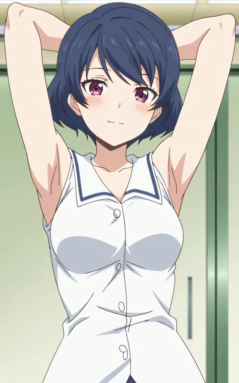 masterpiece, best quality, amazing quality, anime screencap, anime coloring, 1girl, solo, tachibana rui, medium breasts, short hair, blue hair, choppy bangs, purple eyes, white shirt, white sailor collar, untucked shirt, sleeveless, bare arms, arms behind ...