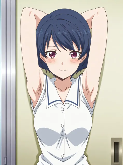 masterpiece, best quality, amazing quality, anime screencap, anime coloring, 1girl, solo, tachibana rui, medium breasts, short hair, blue hair, choppy bangs, purple eyes, white shirt, white sailor collar, untucked shirt, sleeveless, bare arms, arms behind ...