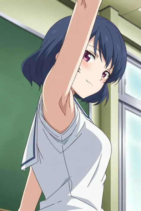 masterpiece, best quality, amazing quality, anime screencap, anime coloring, 1girl, solo, tachibana rui, medium breasts, short hair, blue hair, choppy bangs, purple eyes, white shirt, white sailor collar, untucked shirt, sleeveless, bare arms, arm up, rais...