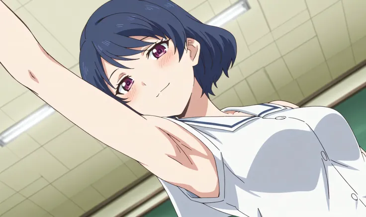 masterpiece, best quality, amazing quality, anime screencap, anime coloring, 1girl, solo, tachibana rui, medium breasts, short hair, blue hair, choppy bangs, purple eyes, white shirt, white sailor collar, untucked shirt, sleeveless, bare arms, arm up, rais...