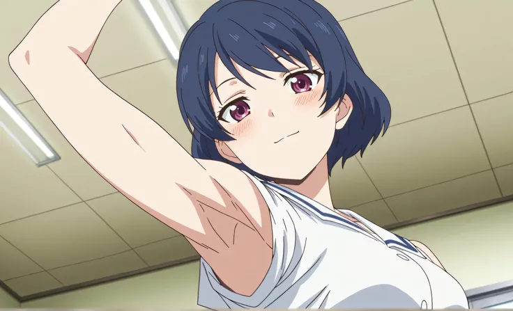 masterpiece, best quality, amazing quality, anime screencap, anime coloring, 1girl, solo, tachibana rui, medium breasts, short hair, blue hair, choppy bangs, purple eyes, white shirt, white sailor collar, untucked shirt, sleeveless, bare arms, arm up, rais...