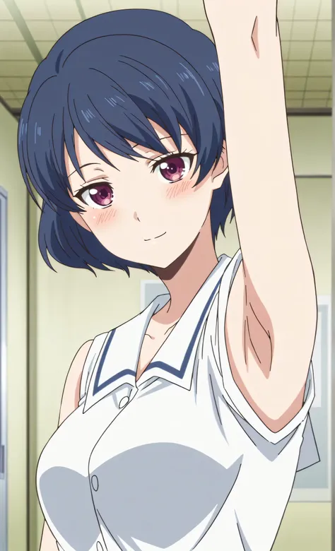 masterpiece, best quality, amazing quality, anime screencap, anime coloring, 1girl, solo, tachibana rui, medium breasts, short hair, blue hair, choppy bangs, purple eyes, white shirt, white sailor collar, untucked shirt, sleeveless, bare arms, arm up, rais...