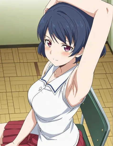 masterpiece, best quality, amazing quality, anime screencap, anime coloring, 1girl, solo, tachibana rui, medium breasts, short hair, blue hair, choppy bangs, purple eyes, white shirt, white sailor collar, untucked shirt, sleeveless, bare arms, arm on own h...
