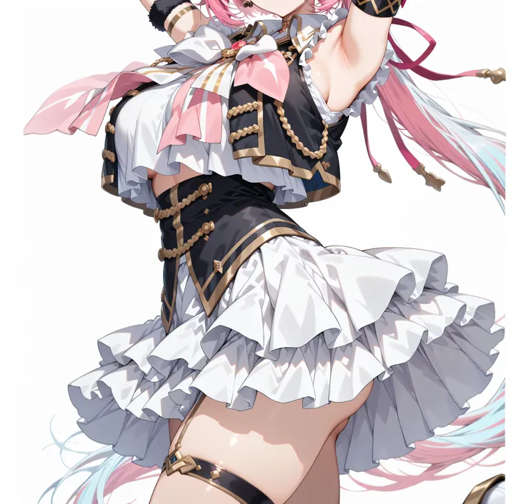 nijiyuikacos,white shirt,frilled shirt,shirt overhang,sleeveless,black vest,crop top vest,open vest,aiguillette,gold trim,((large white bow tie)),((long white bow tie)), pink brooch,single armband,black armband,white skirt,layered skirt,black thigh strap,f...