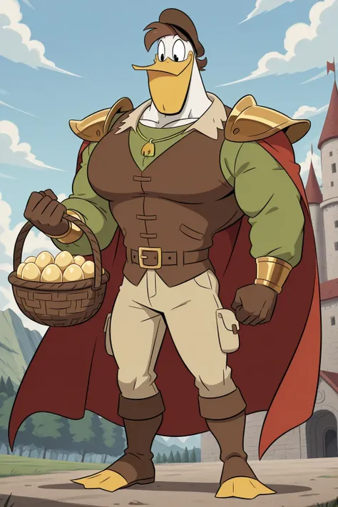 masterpiece, best quality, amazing quality, official style, giant l4unchmcqu4ck, male, furry male, anthro, solo, duck, white body, brown hair, short hair, black eyes, yellow beak, webbed feet, yellow feet, muscular body, brown hat, brown vest, green shirt ...