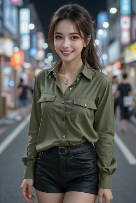 Japanese attractive adult woman standing in downtown Kyoto, green shirt fully wrapping her big breasts, black tight mini skirt, seductive smile with perfect white teeth, transparent dark brown eyes, long eyelashes and natural double eyelids, sophisticated ...