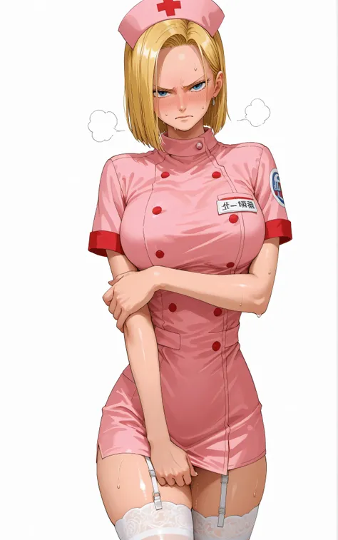 onepiecestyle,(masterpiece, detailed:1.2),solos、only one person、beautiful woman、sweat、android 18、embarrassed expression、Red nurse uniform、white background、Android18、stockings、thighs、is angry