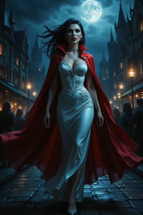 FntsyPstlCE style,midjourney ,Dracula,alt90th91rl,comic art, fantasy art, RPG art, ultra wide shot, a picture of a female vampire walking in a windy day, in the big city, a beautiful mature vampire , elegant vampire, dynamic hair color, dynamic hair style,...