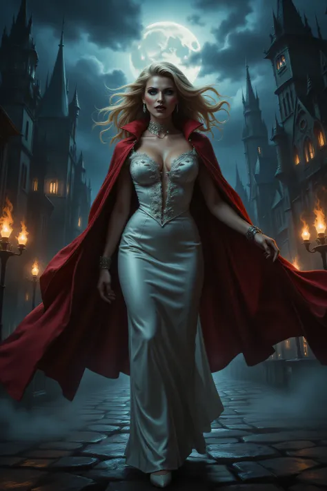 FntsyPstlCE style,midjourney ,Dracula,alt90th91rl,comic art, fantasy art, RPG art, ultra wide shot, a picture of a female vampire walking in a windy day, in the big city, a beautiful mature vampire , elegant vampire, dynamic hair color, dynamic hair style,...