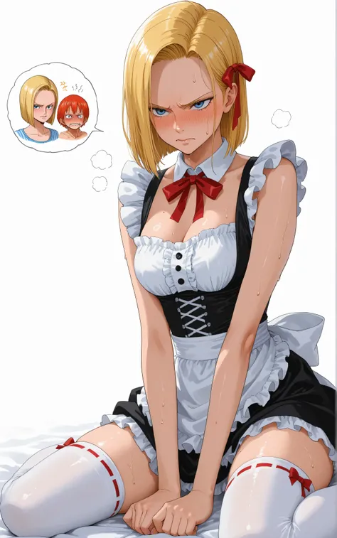 onepiecestyle,(masterpiece, detailed:1.2),solos、only one person、beautiful woman、sweat、android 18、embarrassed expression、white background、Android18、is angry、Anger Effect、red and white detailed maid outfit、high socks、Katyusha、ribbon、frills