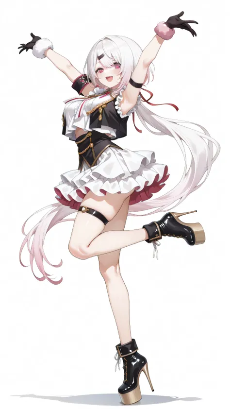 Shiina Yuika (/Nijisanji/),nijiyuika,large breasts,pink eyes,gradient hair,light pink hair,white hair,round face,long hair,low ponytail,((red ribbon)),((long red color ribbon)),hairclip,nijiyuikacos,((white tiered frilled shirt)),white shirt overhang,sleev...