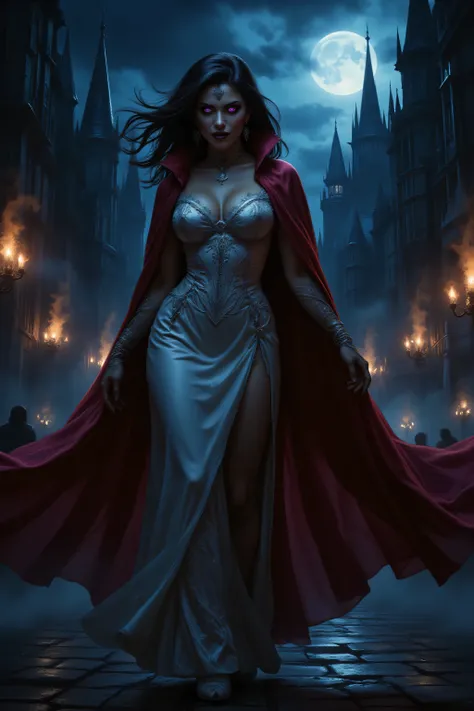 FntsyPstlCE style,midjourney ,Dracula,alt90th91rl,comic art, fantasy art, RPG art, ultra wide shot, a picture of a female vampire walking in a windy day, in the big city, a beautiful mature vampire , elegant vampire, dynamic hair color, dynamic hair style,...